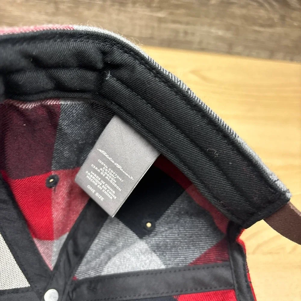 Eddie Bauer Hat Cap Strap Back Red Black Buffalo Check Plaid Flannel Outdoor NWT